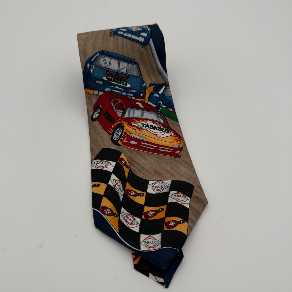 Tabasco‎ Mens Silk Tie Racing Stock Cars Checkered Flag Tan Novelty Necktie EUC